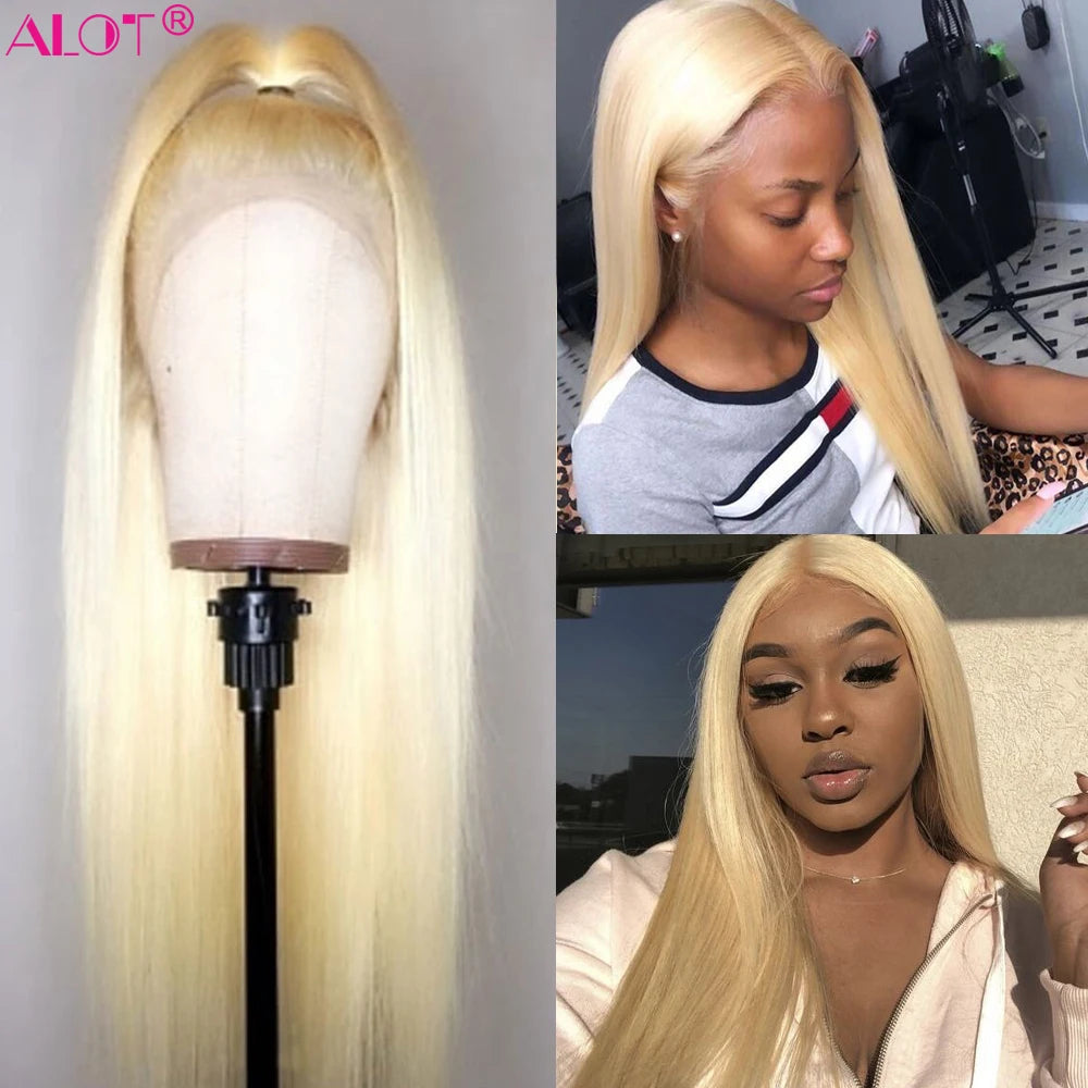 42" 613 13x4 Lace Front Human Hair Wigs Pre Plucked Glueless Brazilian Straight Blonde Transparent Lace Frontal Wig 150% Remy