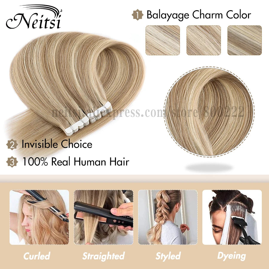 Neitsi Ombre Color Mini Tape In Human Hair Adhesive Extensions Straight Skin Weft 100% Natural Real Mega Hair 12" 16" 18" 20"