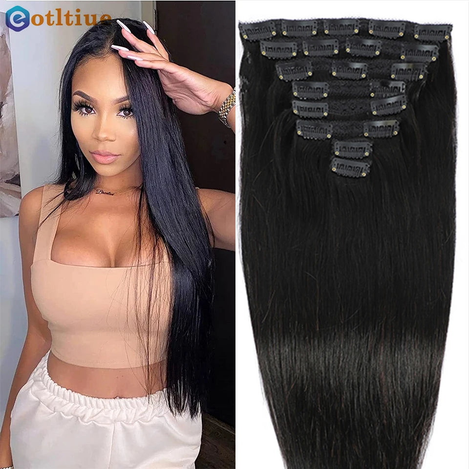 Eotltiue Brazilian Remy Straight Hair Clip In Human Hair Extensions Natural Color 8Pieces/Sets Full Head 120G For Black Women