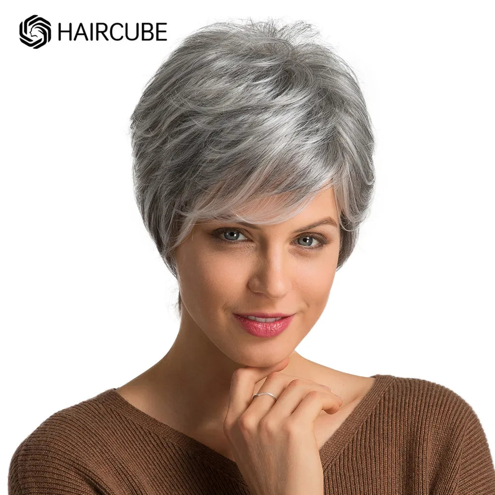 HAIRCUBE Short Gray Hair Wig with Bangs Silver Ash Pixie Wigs for Women Synthetic Wigs Mixed With Human Hair High Temperature