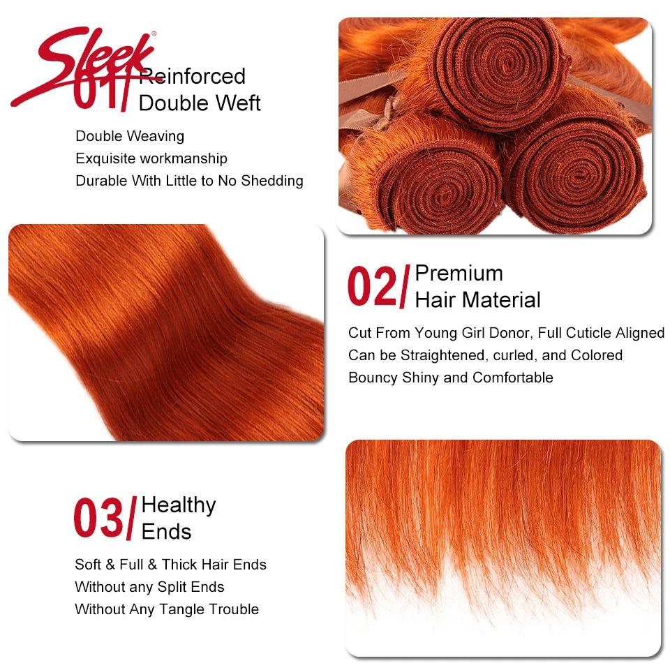 Sleek Brazilian Straight Orange Human Hair Blonde Ginger Orange and Red Color Hair Bundles Remy Hair Extension For Black Women