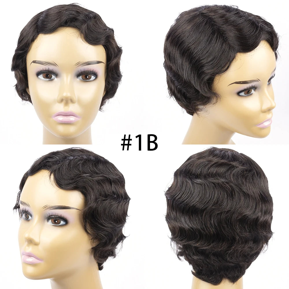 Brazilian Short Pixie Cut Wig Human Hair Wigs Really Cute Finger Waves Hairstyles for Black Women Full Machine Made Wigs