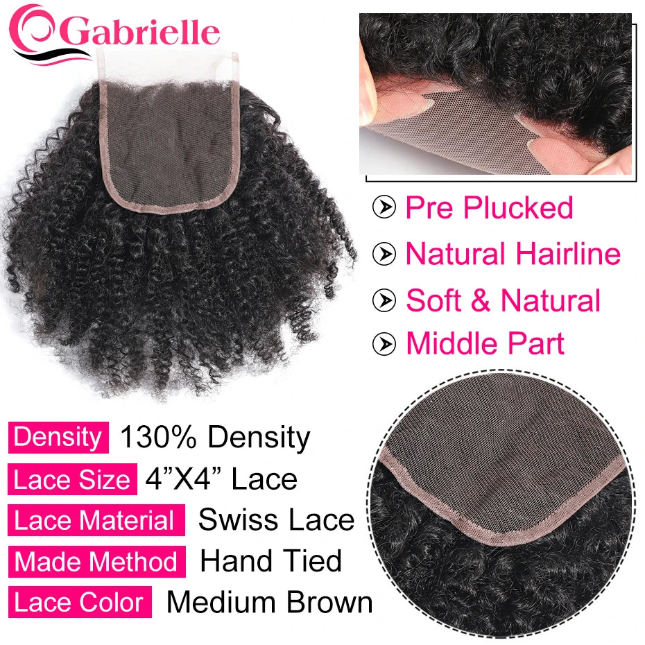 Afro Kinky Curly Closure Swiss Lace Natural Color Brazilian Human Hair 4x4 Lace Closure 10-18 Inch Remy Hair Gabrielle