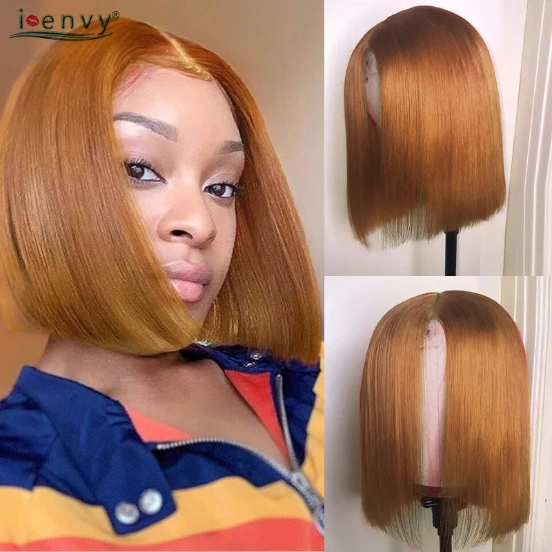 Ginger Short Bob Human Hair Wigs Blonde Lace Front Wig Peruvian Straight Orange Burgundy Red 13x1 Transparent Part Lace Bob Wig