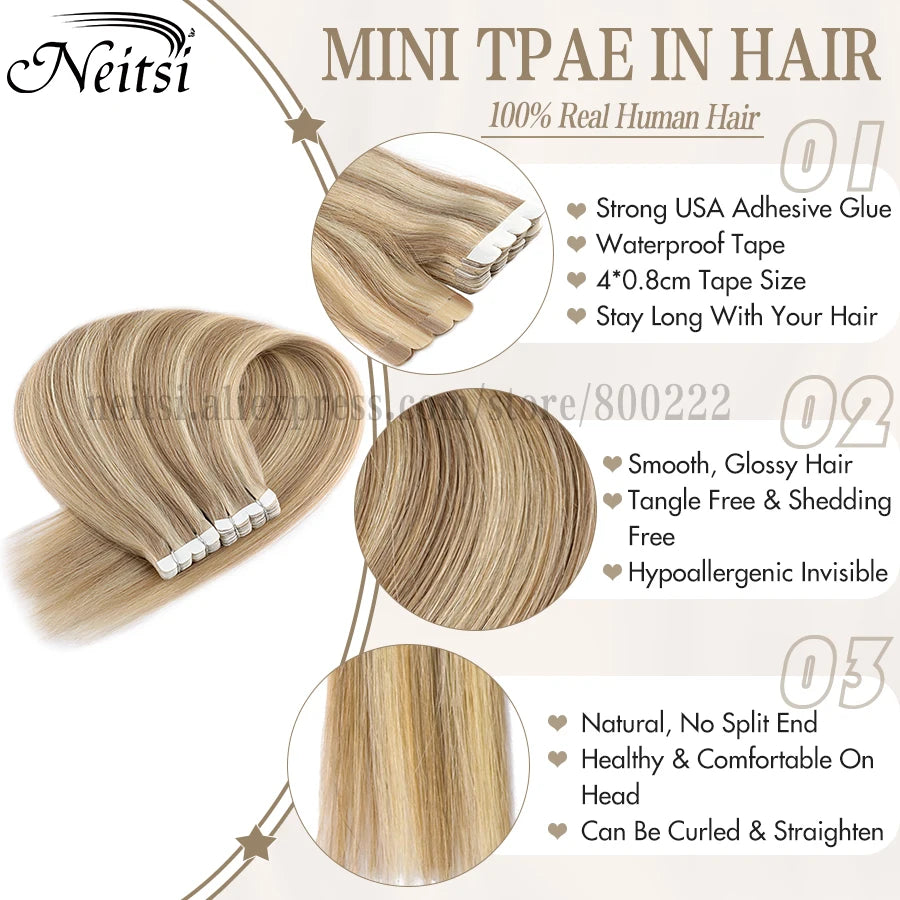 Neitsi Ombre Color Mini Tape In Human Hair Adhesive Extensions Straight Skin Weft 100% Natural Real Mega Hair 12" 16" 18" 20"