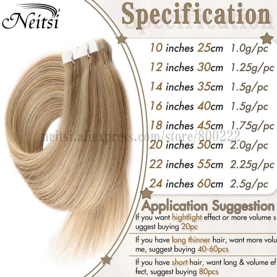 Neitsi Ombre Color Mini Tape In Human Hair Adhesive Extensions Straight Skin Weft 100% Natural Real Mega Hair 12" 16" 18" 20"