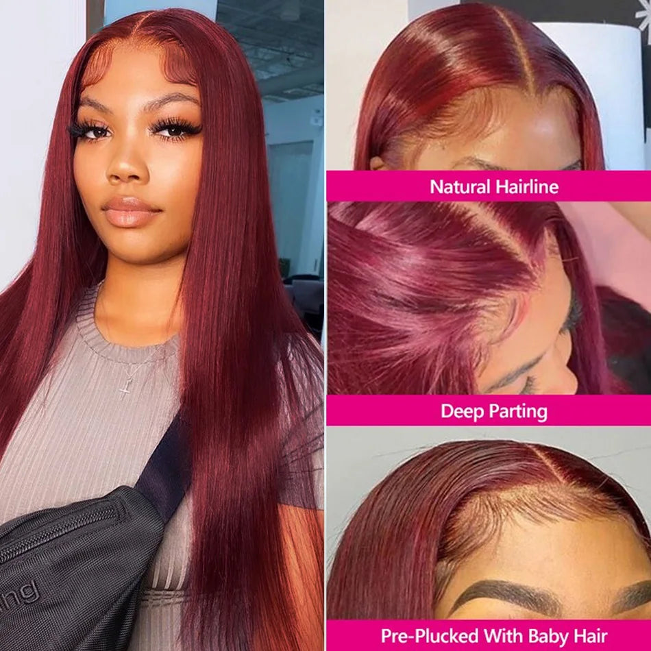 13x4 HD Transparent Colored Lace Front Human Hair Wigs 99J Burgundy Colored Human Hair Wigs For Women Straight Lace Frontal Wig