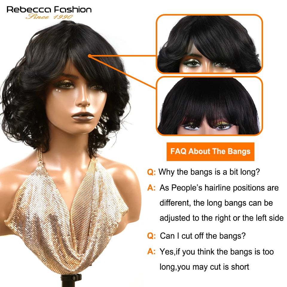 Rebecca Short Bob Wigs With Bangs Brazilian Body Deep Wave Natural Remy Human Hair Wig Full Machine Made Glueless Wigs For Black