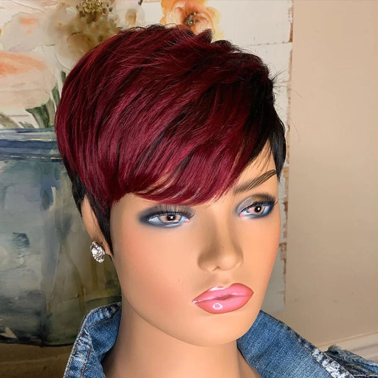 Red Short Bob Pixie Cut Wigs For Women Human Hair Brazilian Bone Straight Cheap Full Machine Made Human Hair Wigs With Bangs