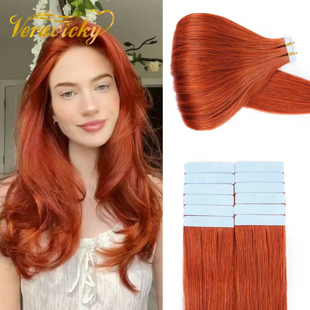 Veravicky Copper Red 50G Tape In Human Hair Extensions Skin Weft  Adhesive Invisible Machina Remy Seamless 100% Real Hair