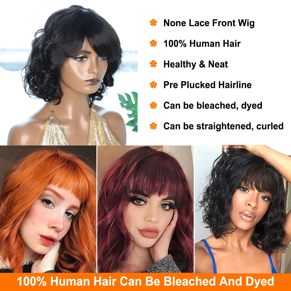 Rebecca Short Bob Wigs With Bangs Brazilian Body Deep Wave Natural Remy Human Hair Wig Full Machine Made Glueless Wigs For Black