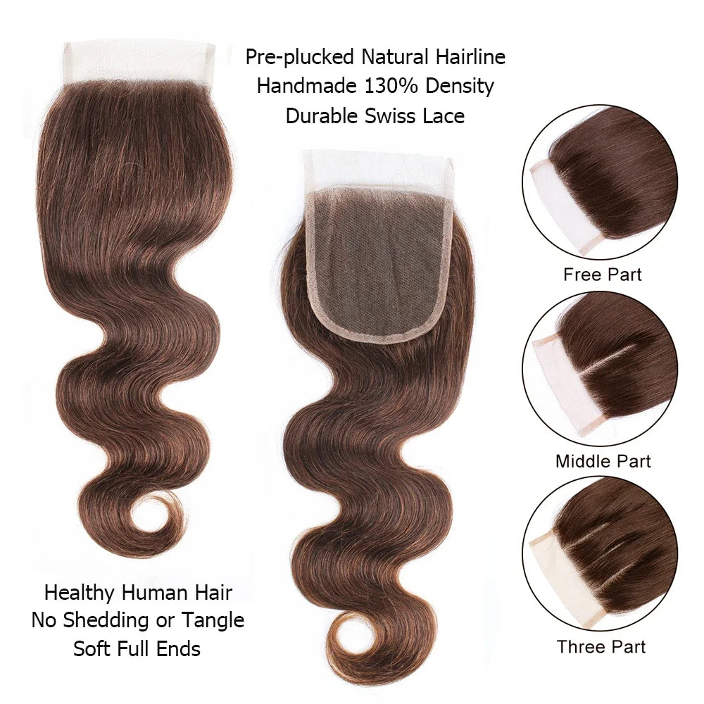 4x4 Lace Closure Body Wave Natural Color Dark Brown Highlight Honey Blonde Burgundy Indian Remy Human Hair Bobbi Collection