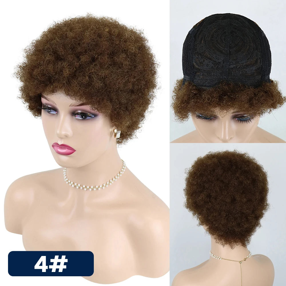 【No Lace】Afro Wig Human Hair Short Kinky Curly Puffs Ready to Wear for Women Black Burgundy Wine Full Machine Perruque Coupe