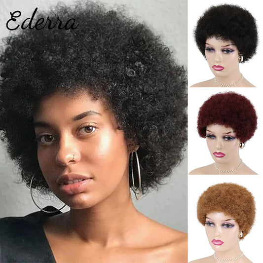 【No Lace】Afro Wig Human Hair Short Kinky Curly Puffs Ready to Wear for Women Black Burgundy Wine Full Machine Perruque Coupe