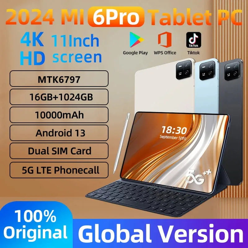 2024 Global Version Original Pad 6 Pro Tablet 11inch HD 4K Android 13 16GB+1T 10000mAh 5G Dual SIM GPS Bluetooth WiFi Mi Tablet