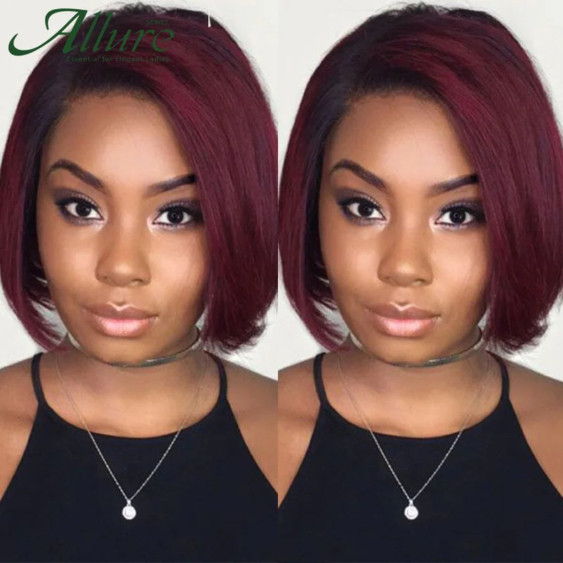 Burgundy Short Bob Wig With Bangs Wear to Go Bob Human Hair Wigs For Black Women Colored 99J Brown Brazilian Hair Wigs Allure