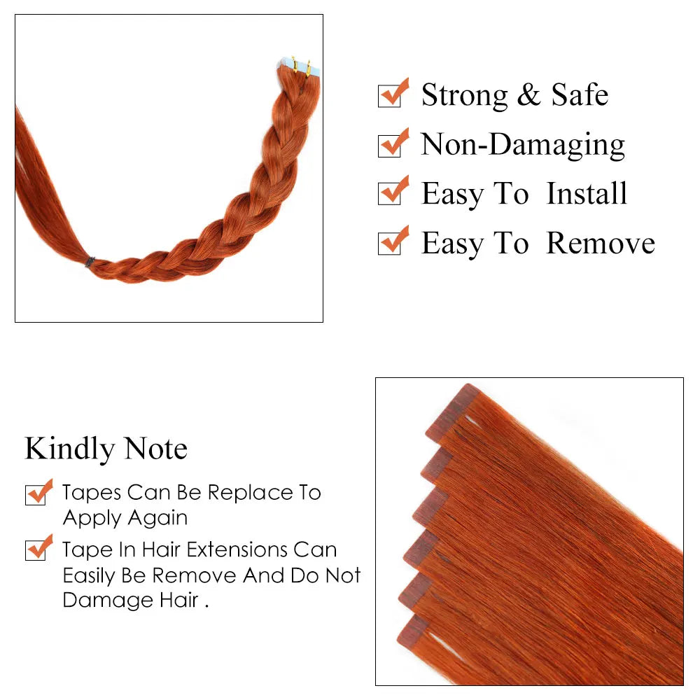 Veravicky Copper Red 50G Tape In Human Hair Extensions Skin Weft  Adhesive Invisible Machina Remy Seamless 100% Real Hair