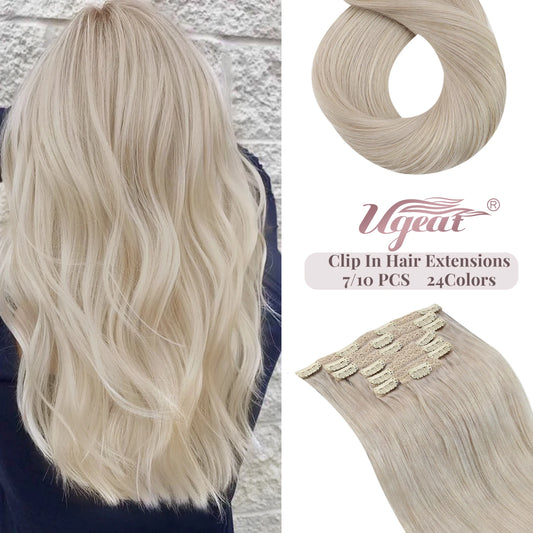 [16 Colors] Ugeat Clip in Hair Extensions Human Hair 14-22" Double Weft Remy Hair Full Head Clip in Extensions for Woman 7Pcs