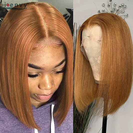 Ginger Short Bob Human Hair Wigs Blonde Lace Front Wig Peruvian Straight Orange Burgundy Red 13x1 Transparent Part Lace Bob Wig