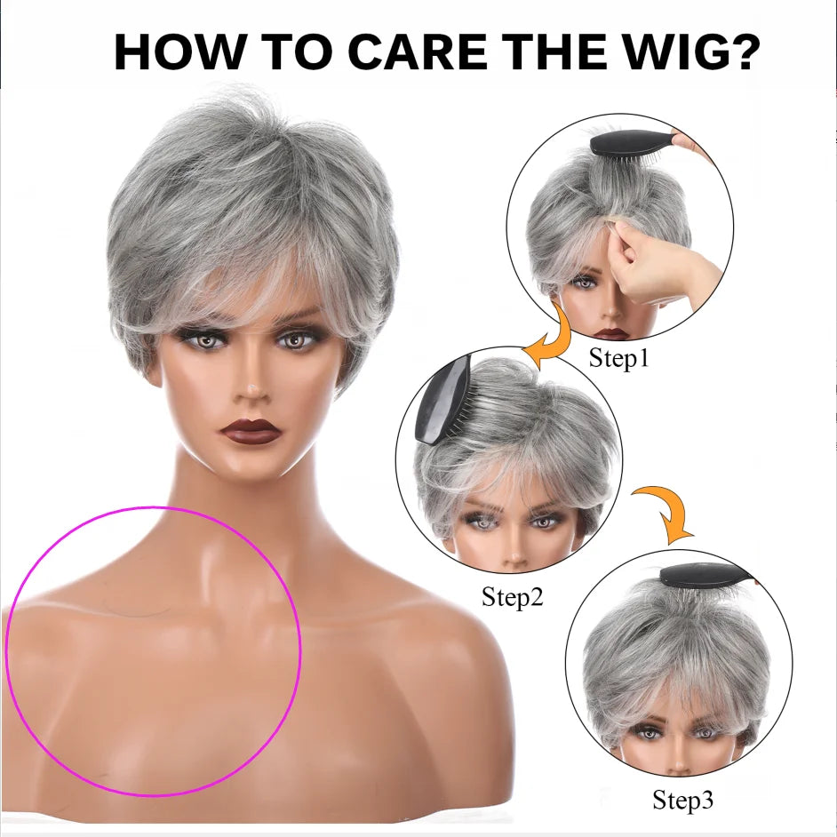 HAIRCUBE Short Gray Hair Wig with Bangs Silver Ash Pixie Wigs for Women Synthetic Wigs Mixed With Human Hair High Temperature