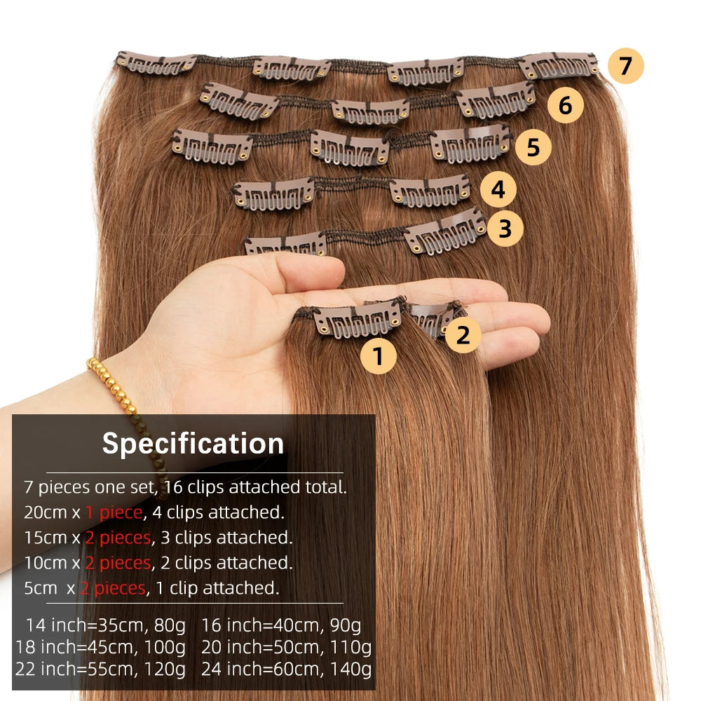 Isheeny 14"-24" Clip In Human Hair Extensions Brazilian Remy Natural Clip In Hairpiece Real Natural Human Hair Clip On 80G-140G