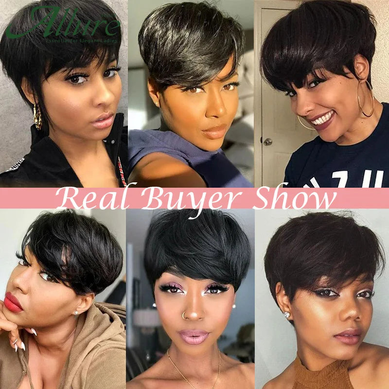 Natural Short Bob Pixie Cut Wigs For Black Women Straight Colored Human Hair With Bangs Glueless Natural Brazilian Hair Allure