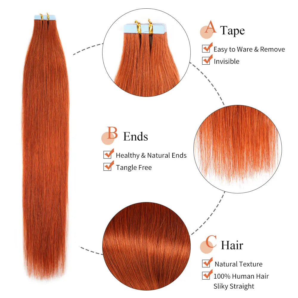 Veravicky Copper Red 50G Tape In Human Hair Extensions Skin Weft  Adhesive Invisible Machina Remy Seamless 100% Real Hair