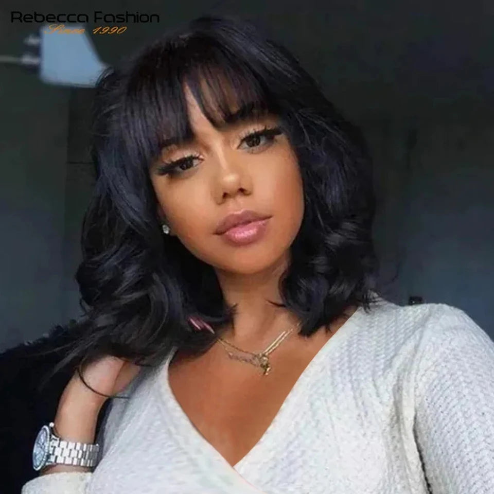 Rebecca Short Bob Wigs With Bangs Brazilian Body Deep Wave Natural Remy Human Hair Wig Full Machine Made Glueless Wigs For Black