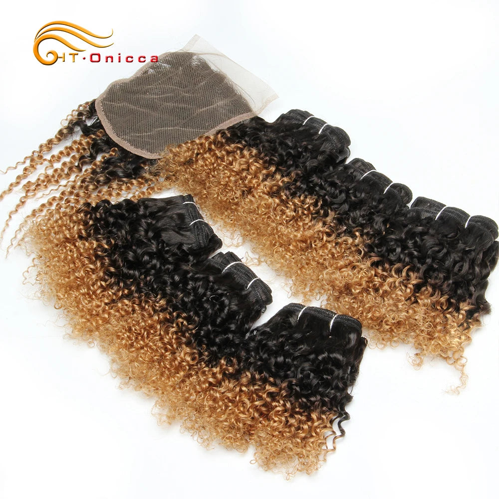 Brazilian Kinky Curly Bundles With Closure Ombre Curly Human Hair Bundles Colored T1b 30 27 Human Hair Bundles With 4*4 Lace