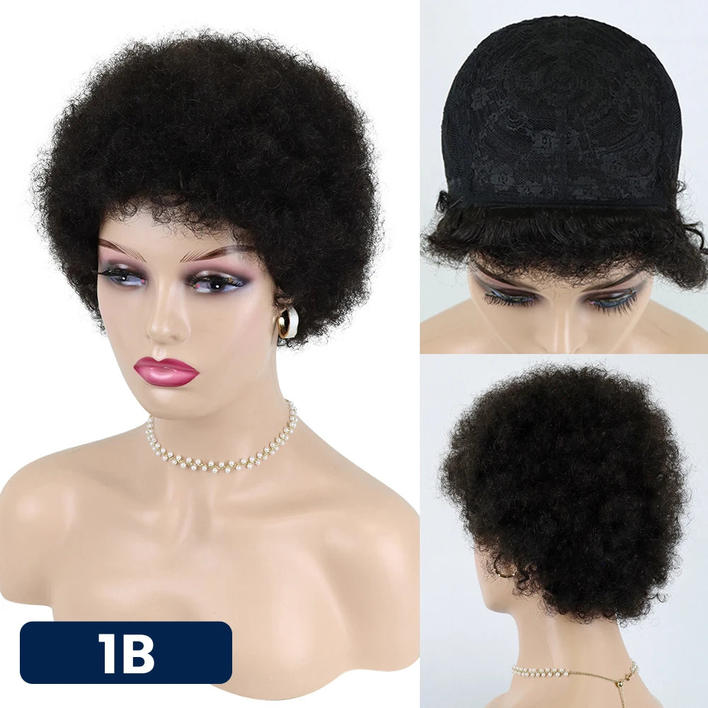 【No Lace】Afro Wig Human Hair Short Kinky Curly Puffs Ready to Wear for Women Black Burgundy Wine Full Machine Perruque Coupe