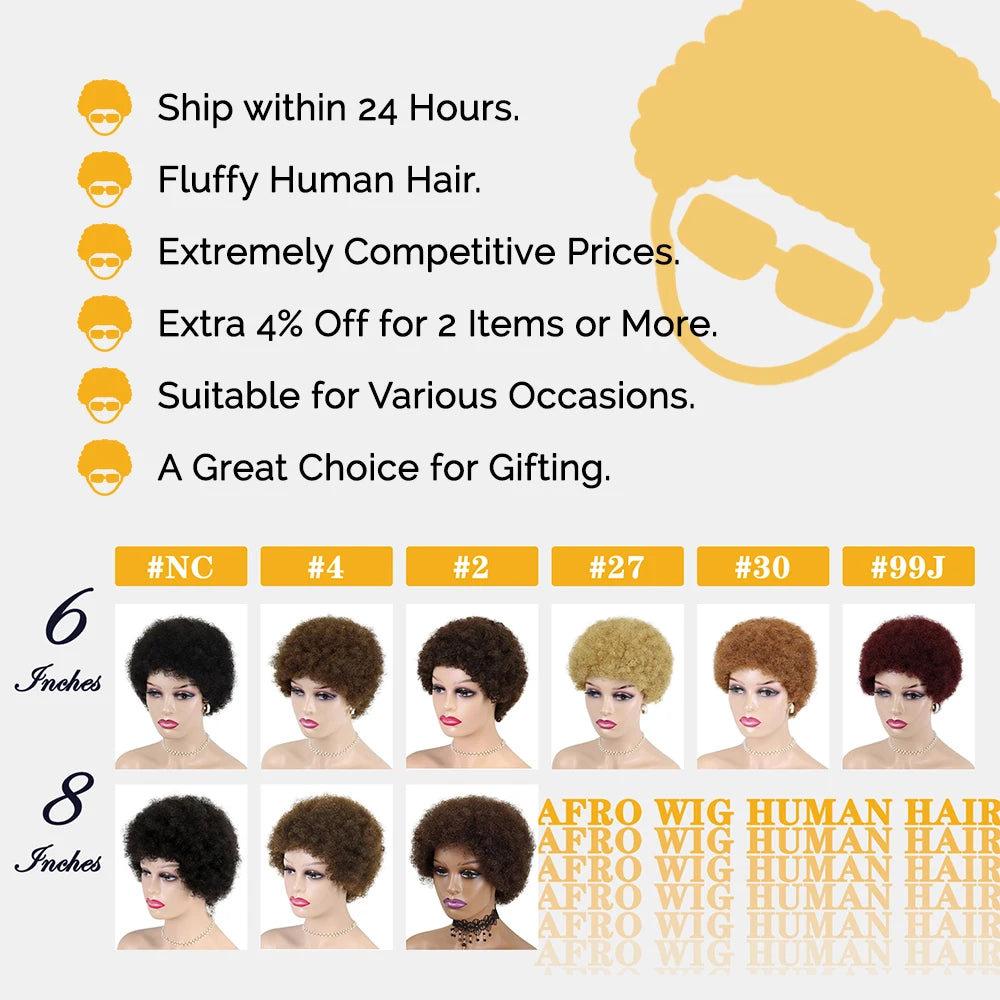 【No Lace】Afro Wig Human Hair Short Kinky Curly Puffs Ready to Wear for Women Black Burgundy Wine Full Machine Perruque Coupe