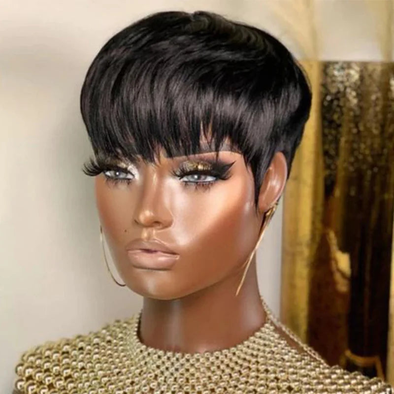 Natural Short Bob Pixie Cut Wigs For Black Women Straight Colored Human Hair With Bangs Glueless Natural Brazilian Hair Allure